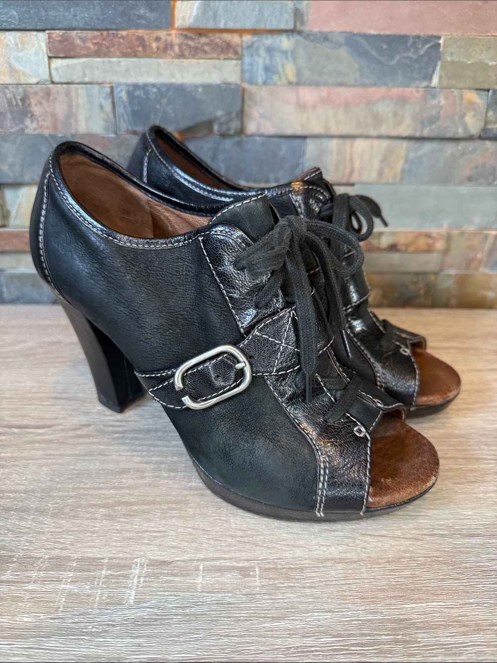 Maya Black Lace-Up Peep Toe Heels with Buckle Detail
